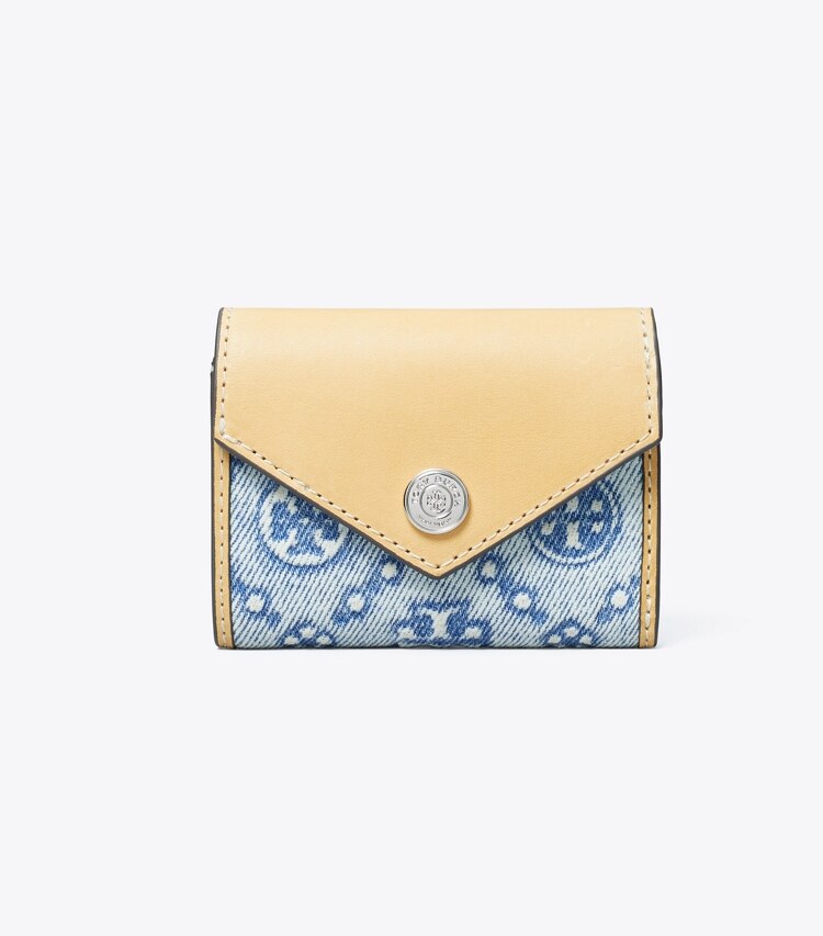 Tory Burch diseñador carteras Billetera tipo sobre pequeña de mezclilla con monograma en forma de T en Seltzer frente