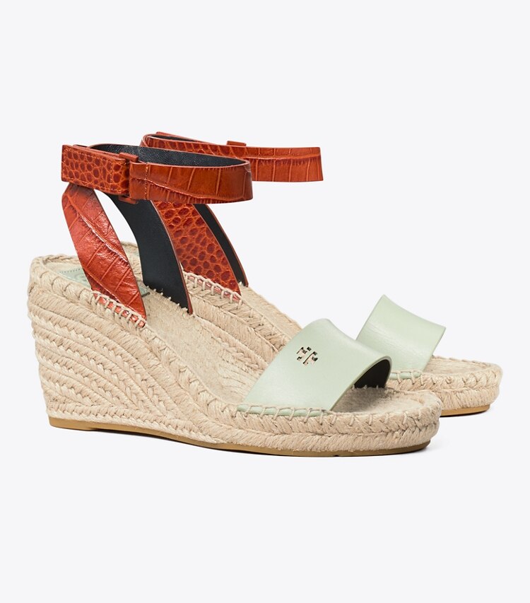 Tory Burch designer espadrilles Bima 2 90mm Wedge Espadrille in Garden Sage/Desert Spice angle