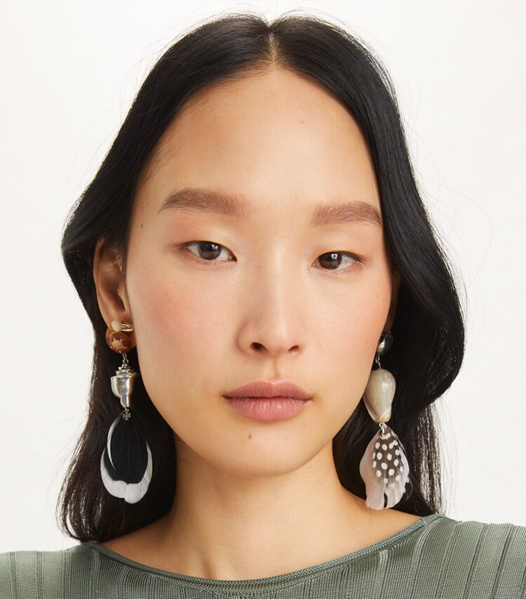 Tory Burch designer earrings Bird Earring in Black Multi accessory on model
