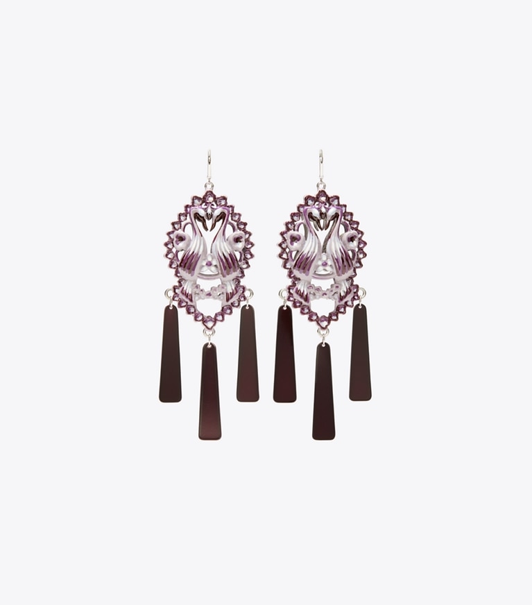 Tory Burch designer earrings Bird Earrings in Tory Silver / Purple front