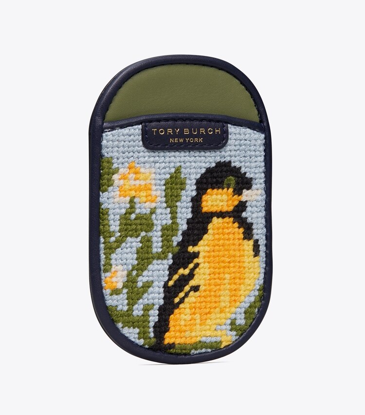 Tory Burch designer tech accessories Bird Needlepoint Card Pocket in GLACIAL BLUE front