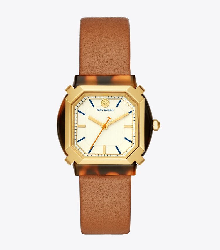 Tory Burch designer strap watches Blake Watch, Luggage Leather/Gold/Tortoise, 35 MM in Ivory/Tort/Gold/Luggage front