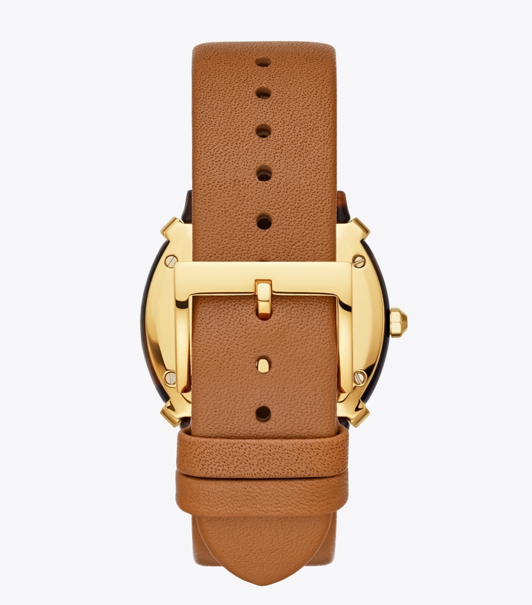 Tory Burch designer strap watches Blake Watch, Luggage Leather/Gold/Tortoise, 35 MM in Ivory/Tort/Gold/Luggage front