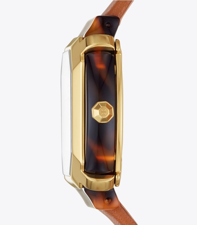 Tory Burch designer strap watches Blake Watch, Luggage Leather/Gold/Tortoise, 35 MM in Ivory/Tort/Gold/Luggage side