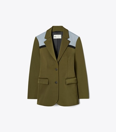 Tory Burch designer giacche Blazer color-block elasticizzato in Dark Oliva / Muted Slate / Black front