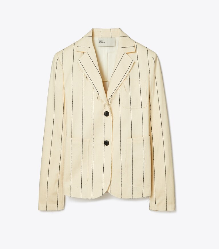 Tory Burch diseñador chaquetas Blazer de algodón a rayas en Ivory/Navy frente