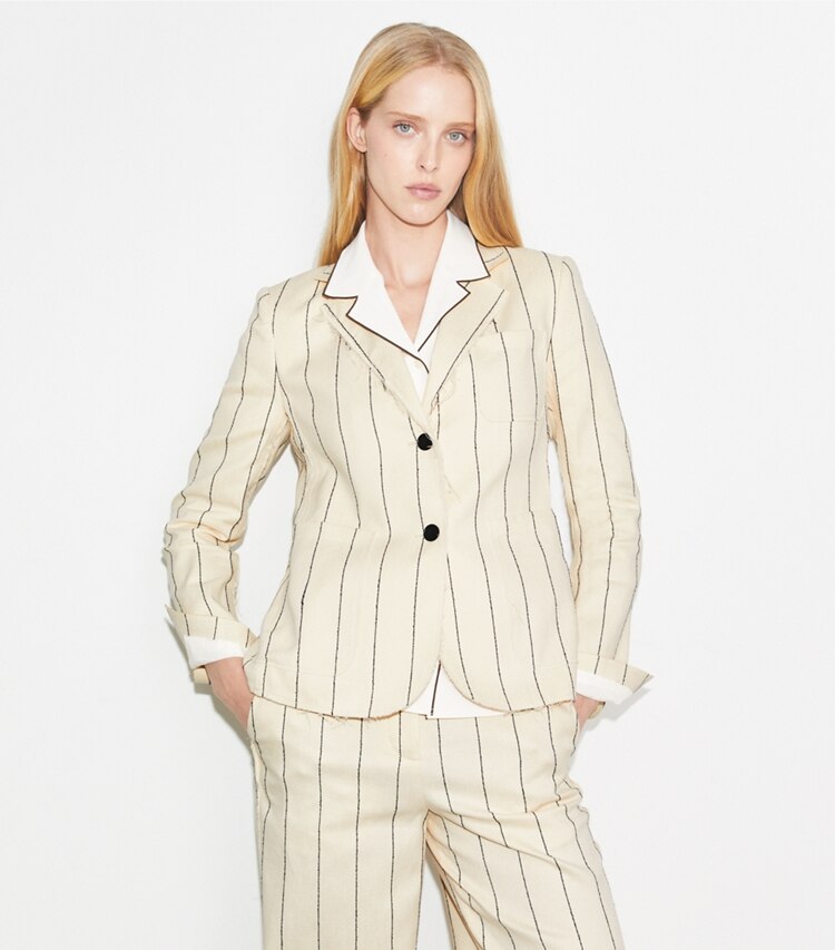 Tory Burch diseñador chaquetas Blazer de algodón a rayas en Ivory/Navy detalle en modelo