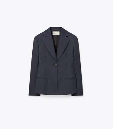 Tory Burch diseñador chaquetas Blazer de crepé en Tory Navy/White Pinstripe Wool Suiting frente