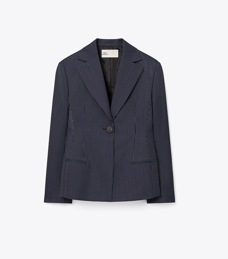 Tory Burch diseñador chaquetas Blazer de crepé en Tory Navy/White Pinstripe Wool Suiting frente