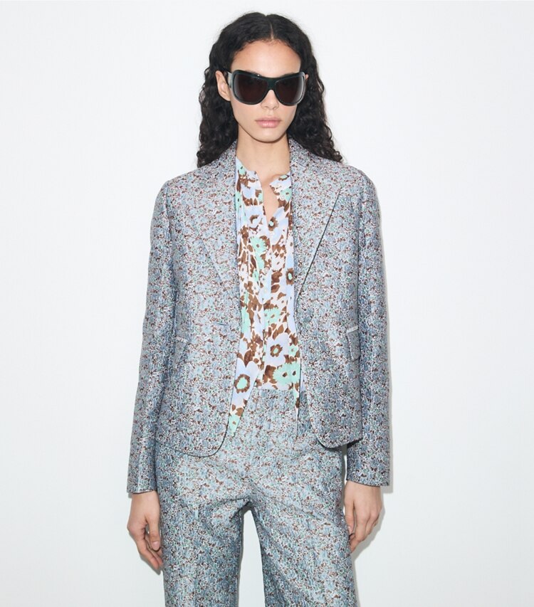 Tory Burch diseñador chaquetas Blazer de jacquard en Blue Floral detalle en modelo