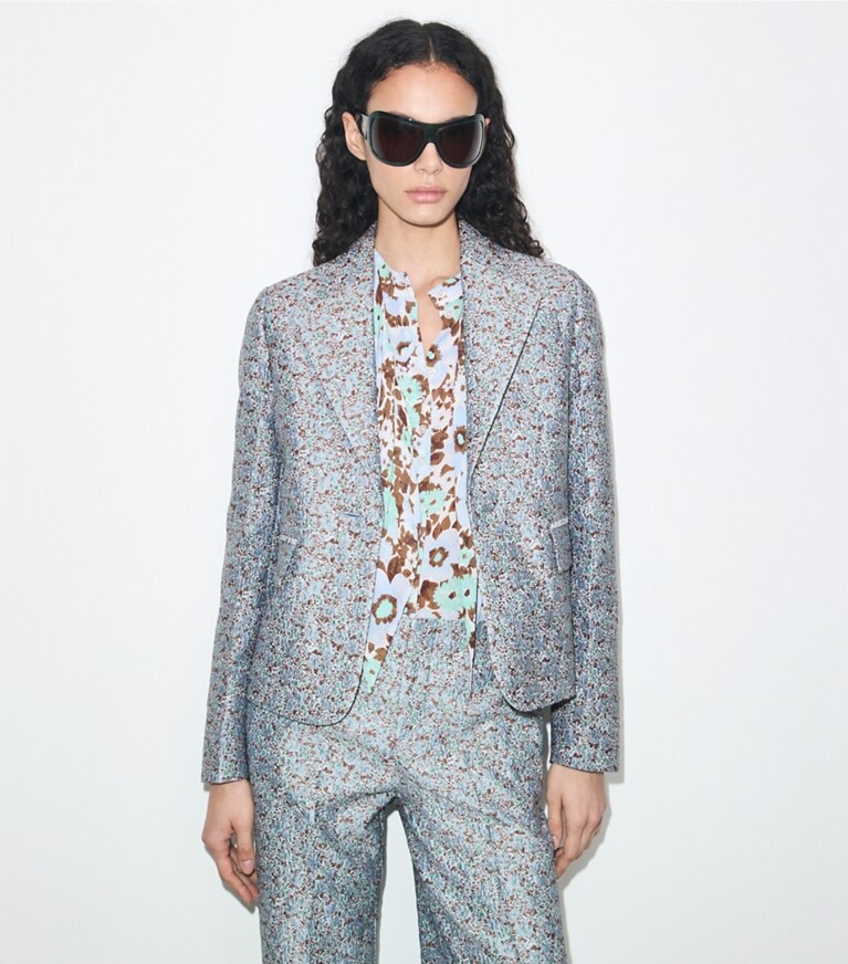 Tory Burch diseñador chaquetas Blazer de jacquard en Blue Floral detalle en modelo