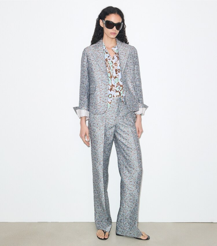 Tory Burch diseñador chaquetas Blazer de jacquard en Blue Floral frente en modelo