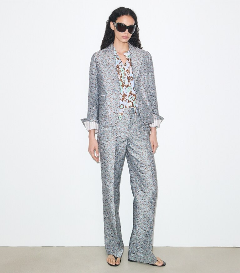 Tory Burch diseñador chaquetas Blazer de jacquard en Blue Floral frente en modelo