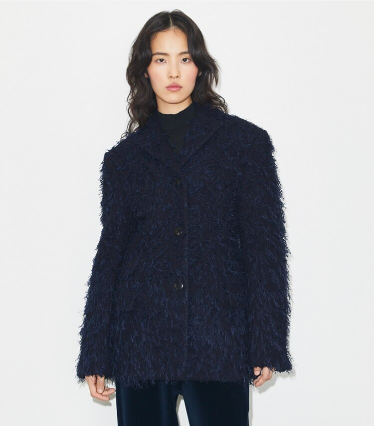Tory Burch diseñador chaquetas Blazer de lana en Ink detalle en modelo