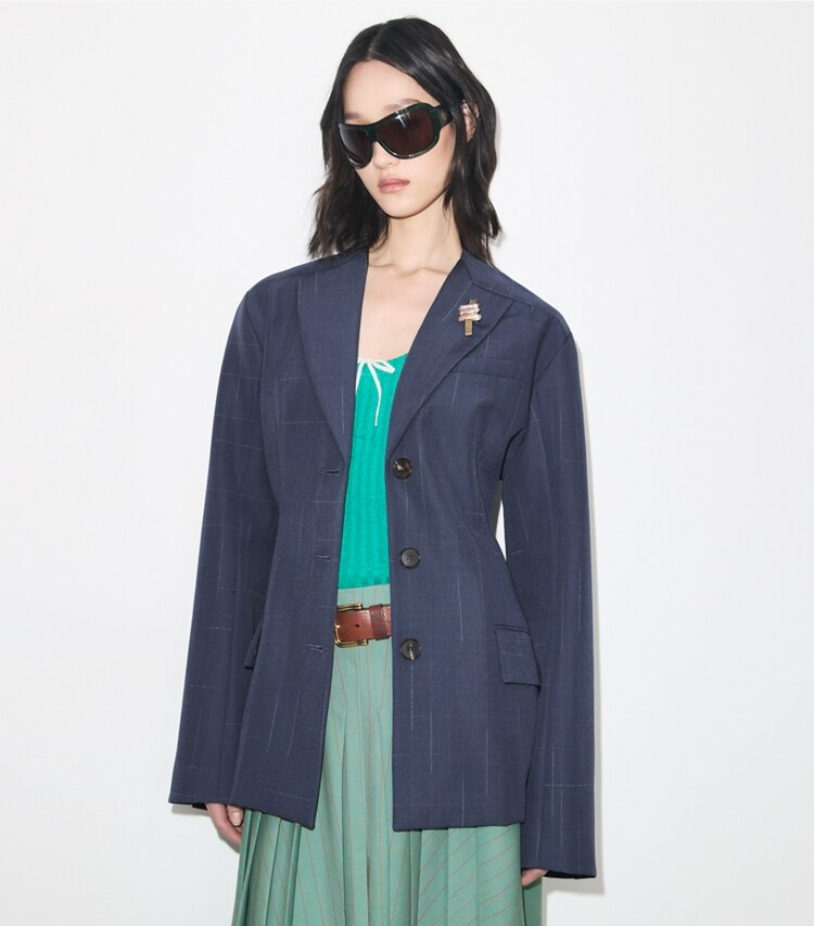 Tory Burch diseñador chaquetas Blazer de lana en Steel detalle en modelo
