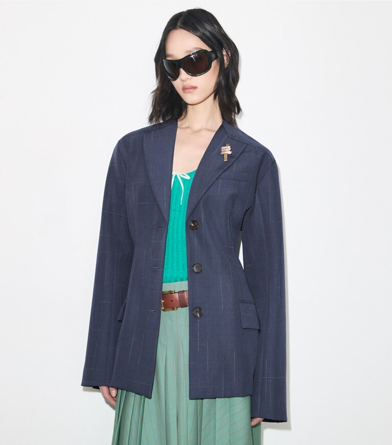 Tory Burch diseñador chaquetas Blazer de lana en Steel detalle en modelo