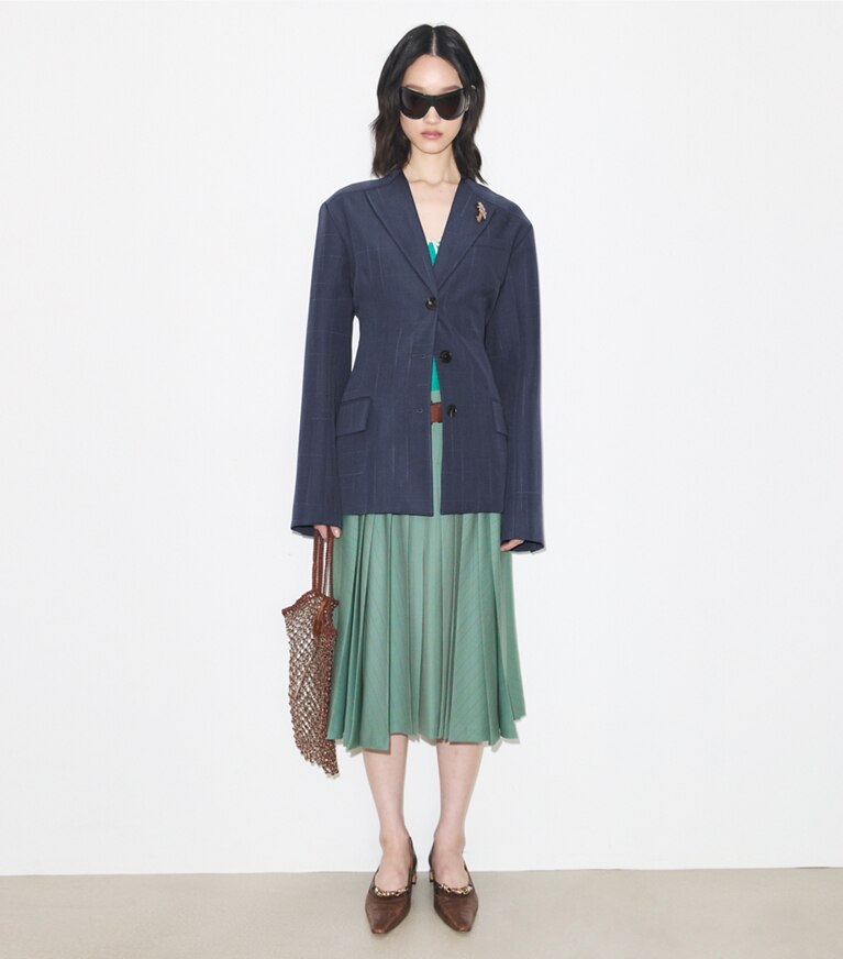 Tory Burch diseñador chaquetas Blazer de lana en Steel frente en modelo