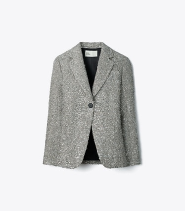 Tory Burch diseñador chaquetas Blazer de tweed en Metallic Silver frente