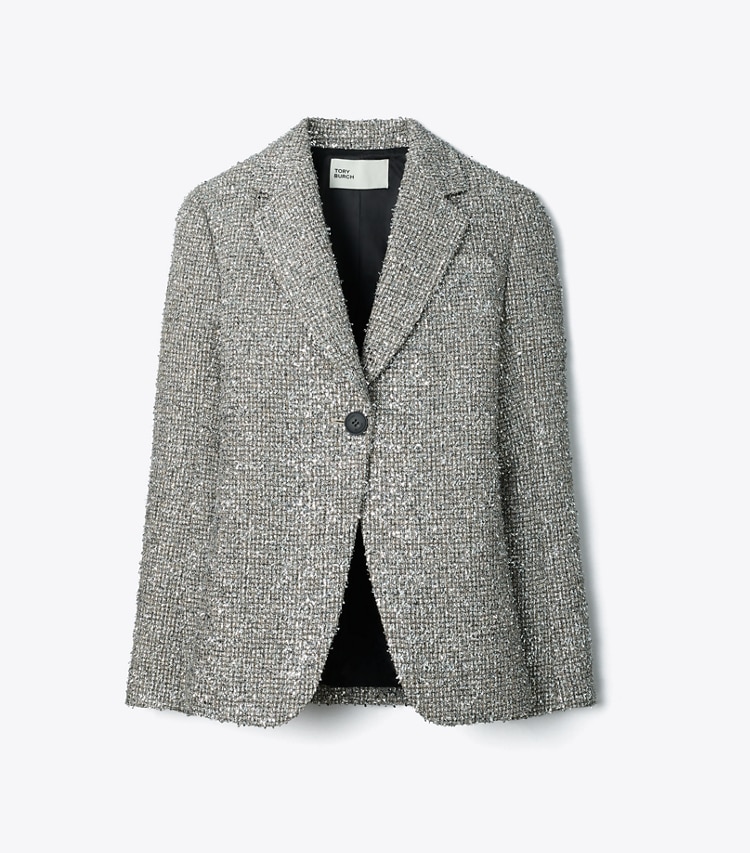 Tory Burch diseñador chaquetas Blazer de tweed en Metallic Silver frente