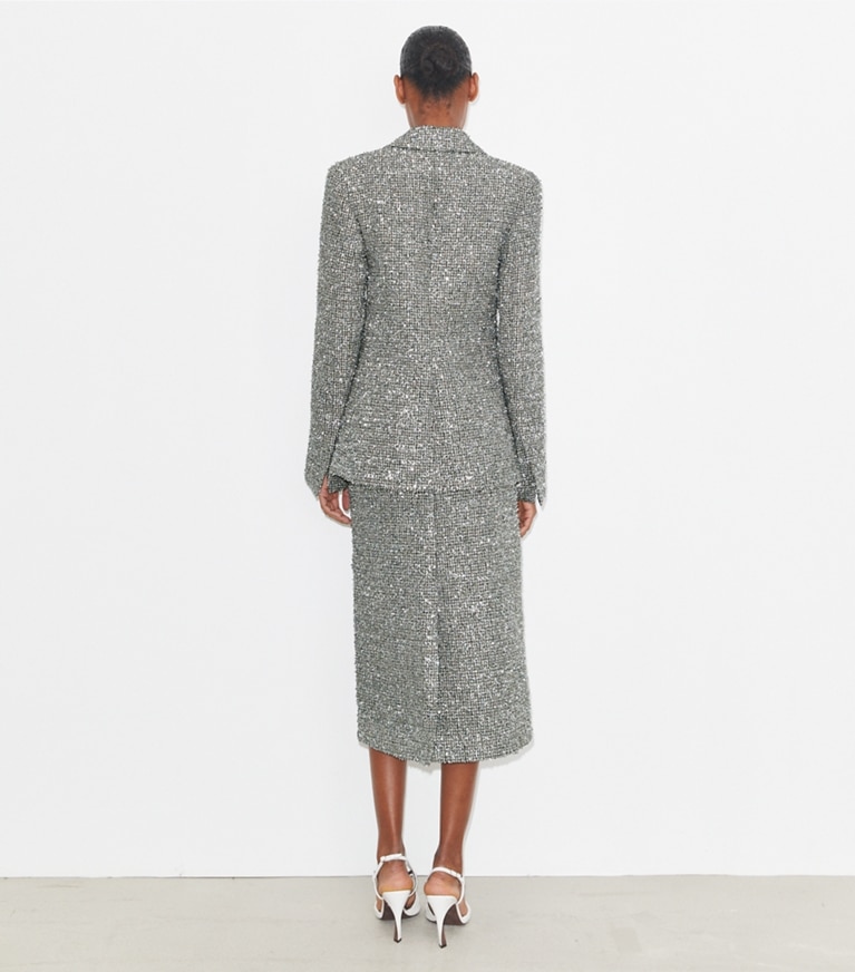 Tory Burch diseñador chaquetas Blazer de tweed en Metallic Silver parte posterior en modelo
