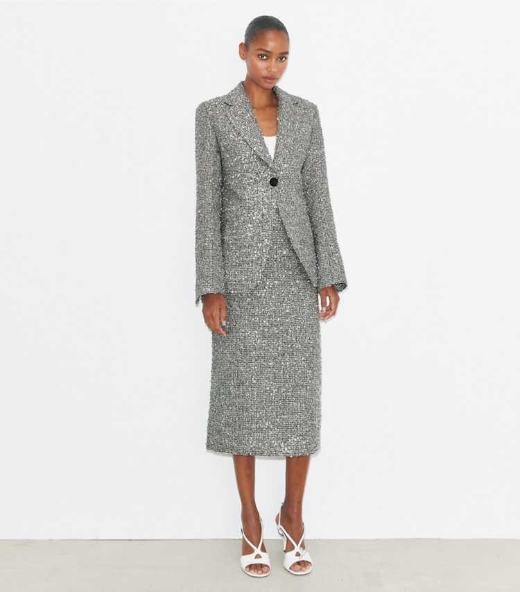 Tory Burch diseñador chaquetas Blazer de tweed en Metallic Silver frente en modelo
