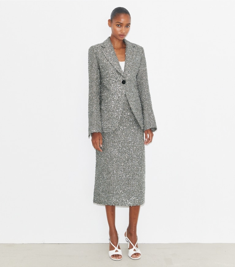 Tory Burch diseñador chaquetas Blazer de tweed en Metallic Silver frente en modelo