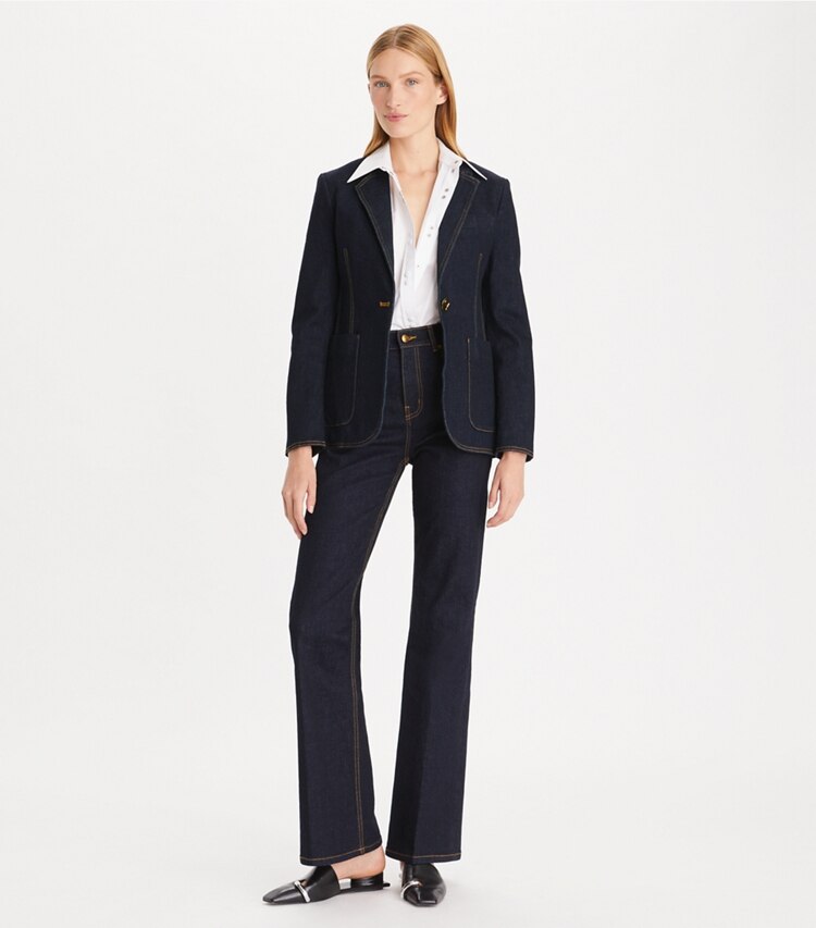 Tory Burch designer giacche Blazer denim in Dark Wash parte anteriore su modella