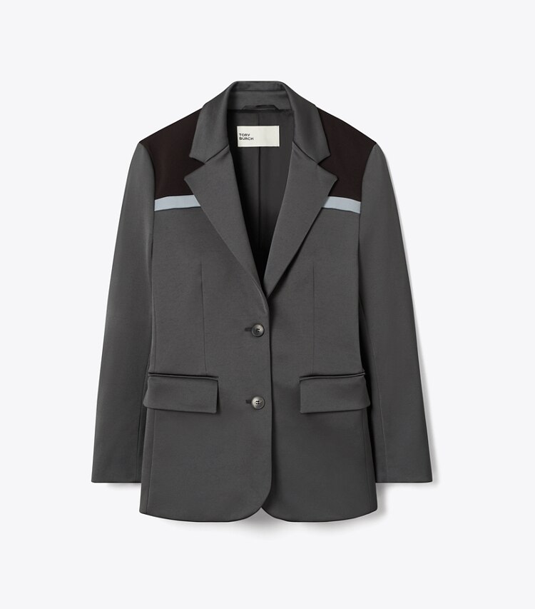 Tory Burch diseñador chaquetas Blazer elástico de bloques de color en Coal Gray / Deep Ruby / Teal Green frente