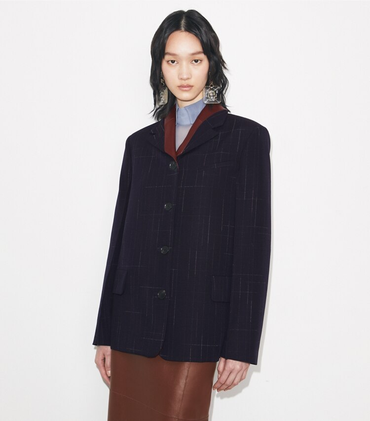 Tory Burch designer vestes Blazer en laine dans Dark Navy / Copper détail sur modèle