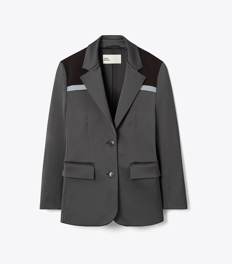 Tory Burch designer vestes Blazer extensible à blocs de couleurs dans Coal Gray / Deep Ruby / Teal Green de face