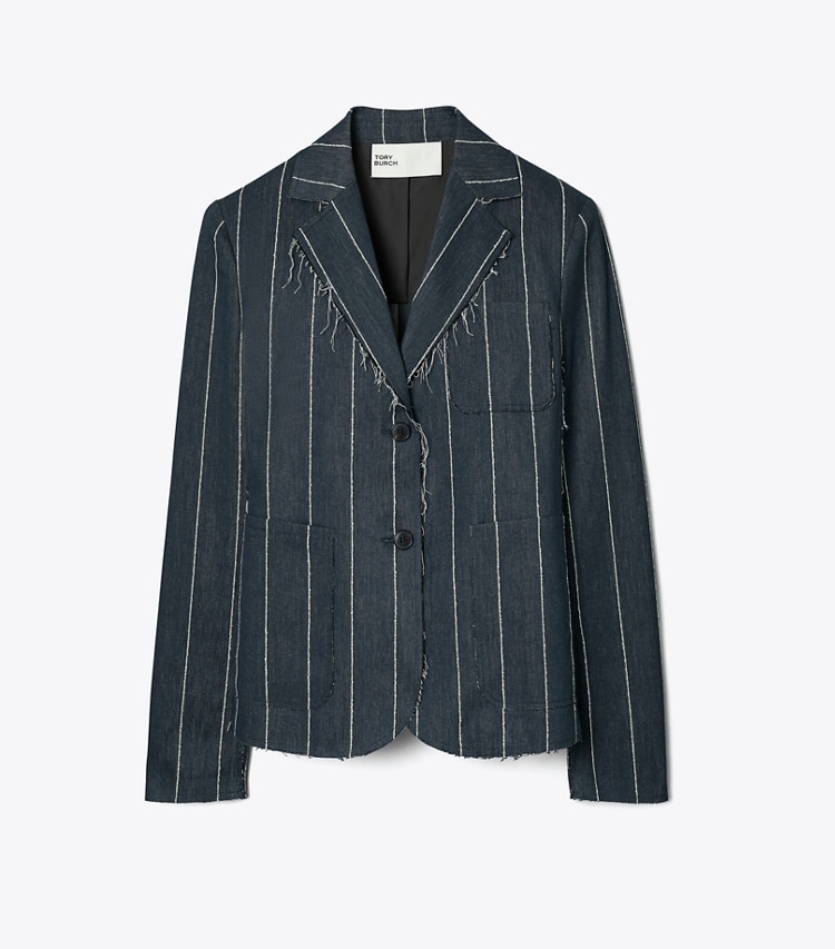 Tory Burch designer giacche Blazer in cotone a righe in Navy/Ivory front