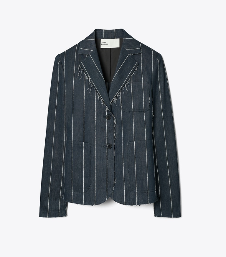 Tory Burch designer giacche Blazer in cotone a righe in Navy/Ivory front