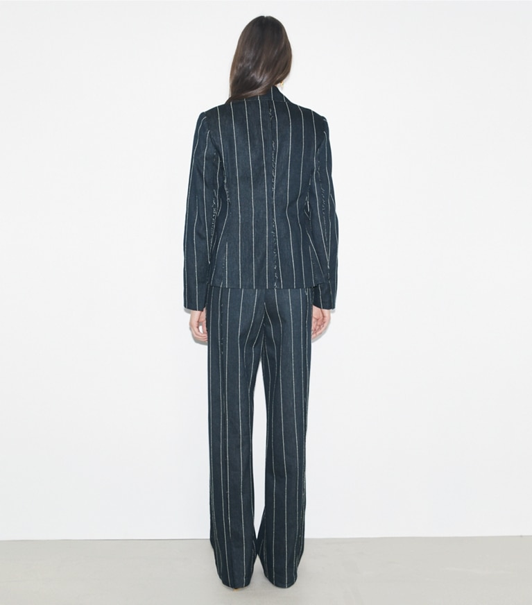 Tory Burch designer giacche Blazer in cotone a righe in Navy/Ivory front
