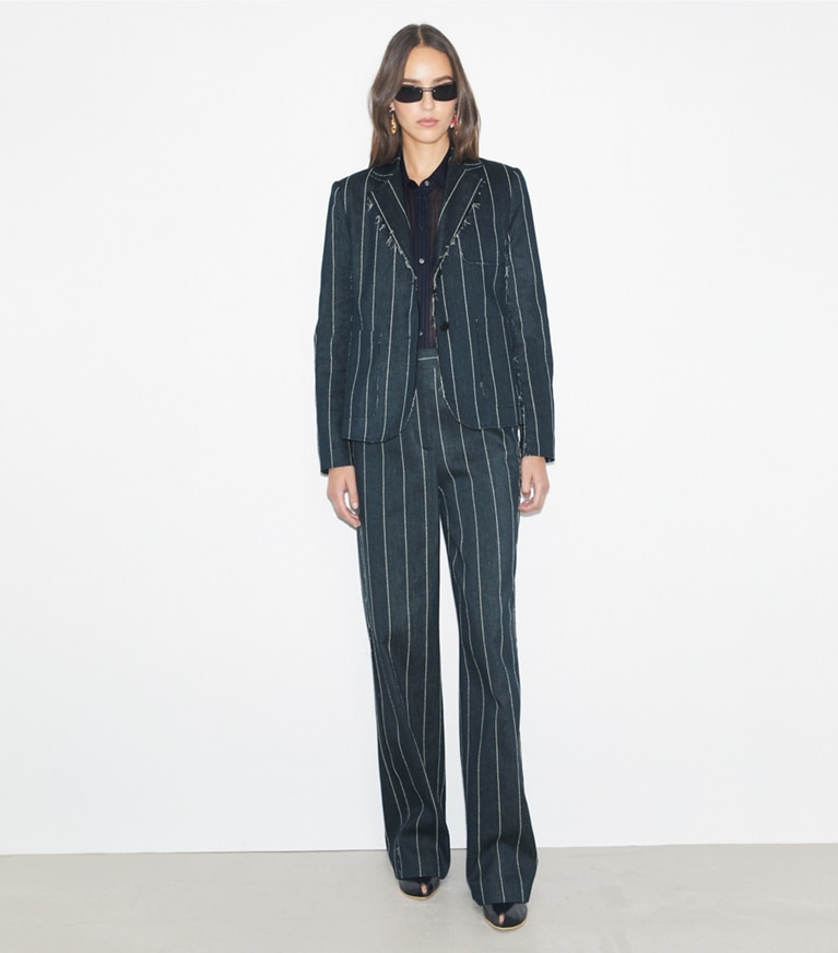 Tory Burch designer giacche Blazer in cotone a righe in Navy/Ivory front