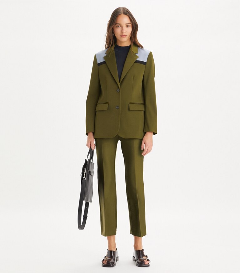 Tory Burch designer vestes Blazer stretch color-block in Dark Oliva / Muted Slate / Black front