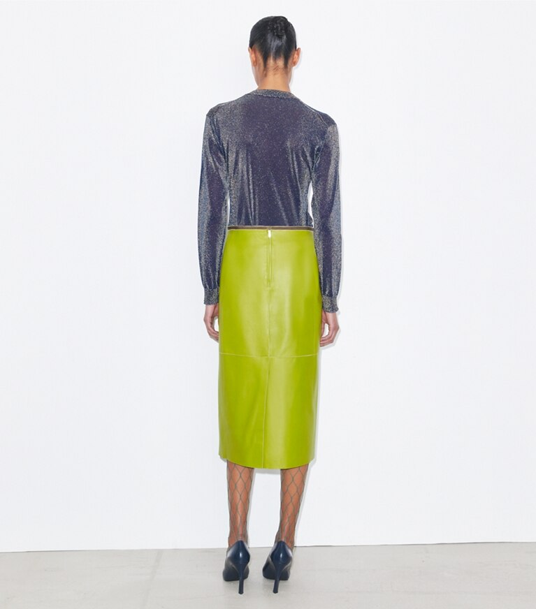 Tory Burch designer unterteile Bleistiftrock aus Leder in Leaf Green front