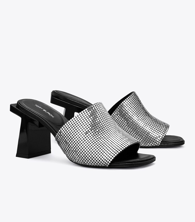 Tory Burch designer サンダル ブロックT チェーンメイル ミュール サンダル in SILVER / PERFECT BLACK angle