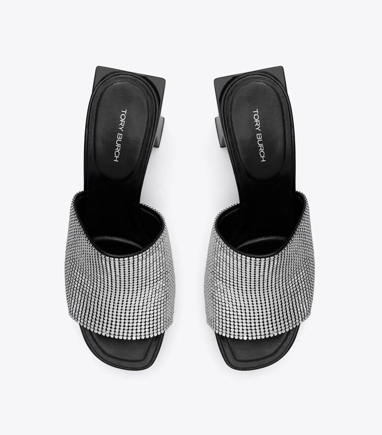 Tory Burch designer サンダル ブロックT チェーンメイル ミュール サンダル in SILVER / PERFECT BLACK オーバーヘッド