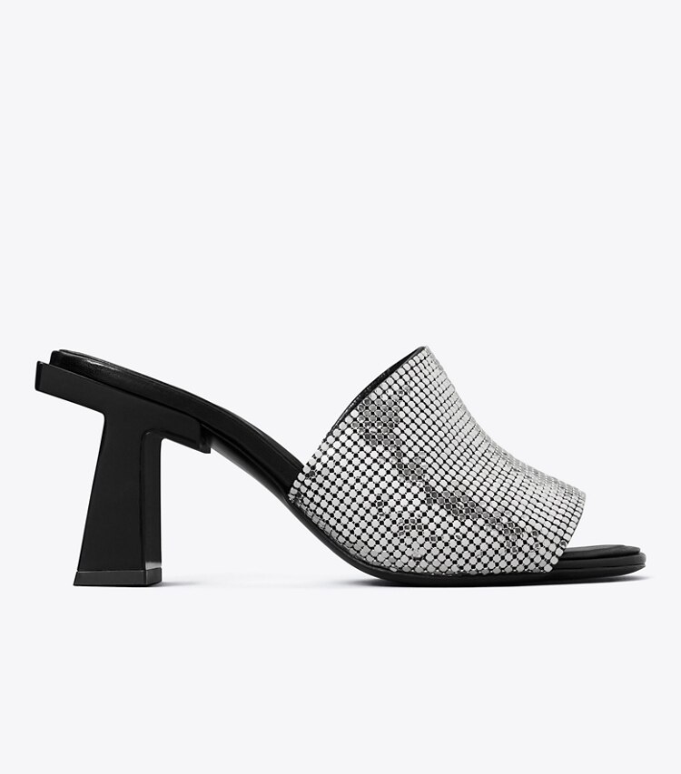Tory Burch designer サンダル ブロックT チェーンメイル ミュール サンダル in SILVER / PERFECT BLACK side