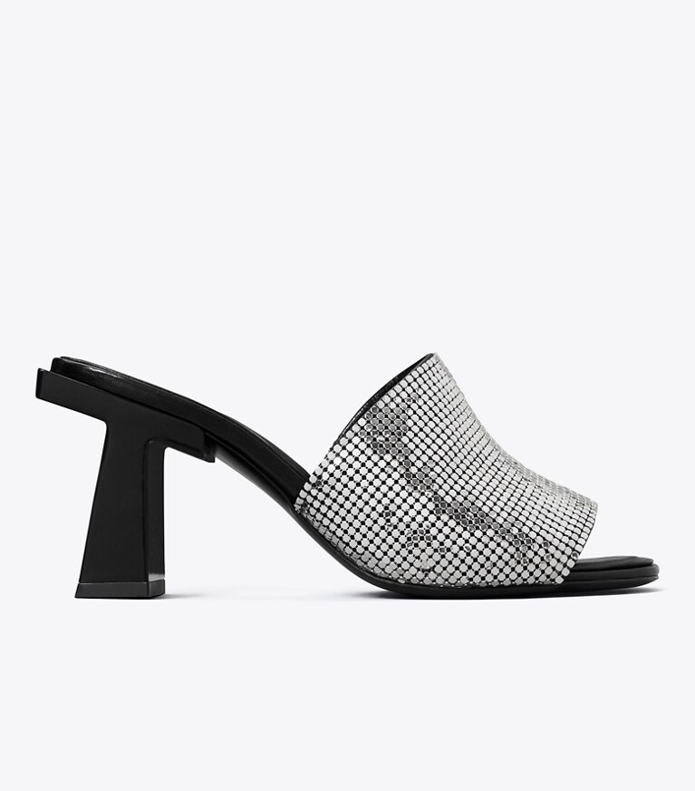 Tory Burch designer サンダル ブロックT チェーンメイル ミュール サンダル in SILVER / PERFECT BLACK angle