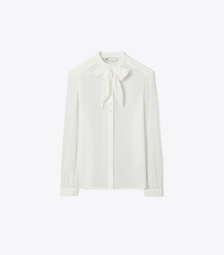 Tory Burch designer hauts Blouse à nœud en georgette dans Marshmallow de face