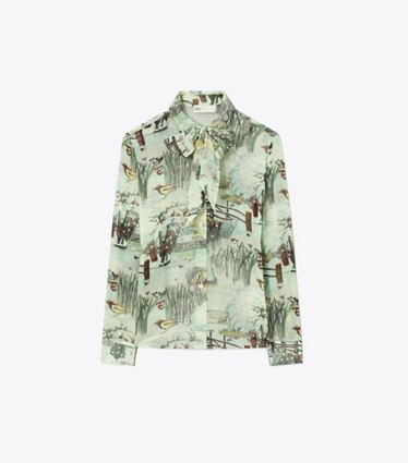 Tory Burch designer hauts Blouse en mousseline imprimée à nœud dans Yellow Forest de face