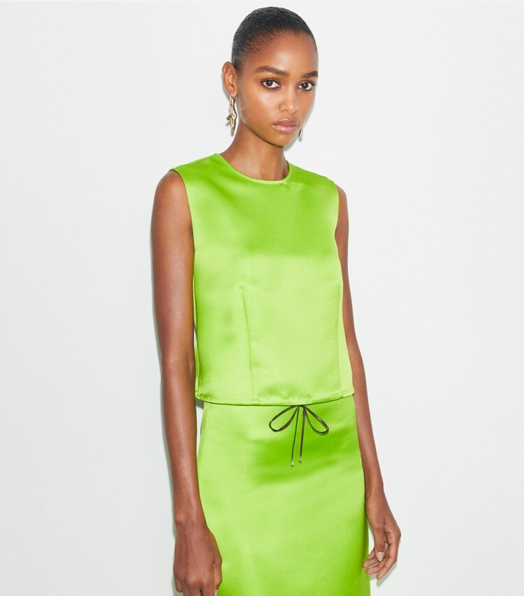 Tory Burch designer hauts Blouse en satin dans Vivid Lime détail sur modèle