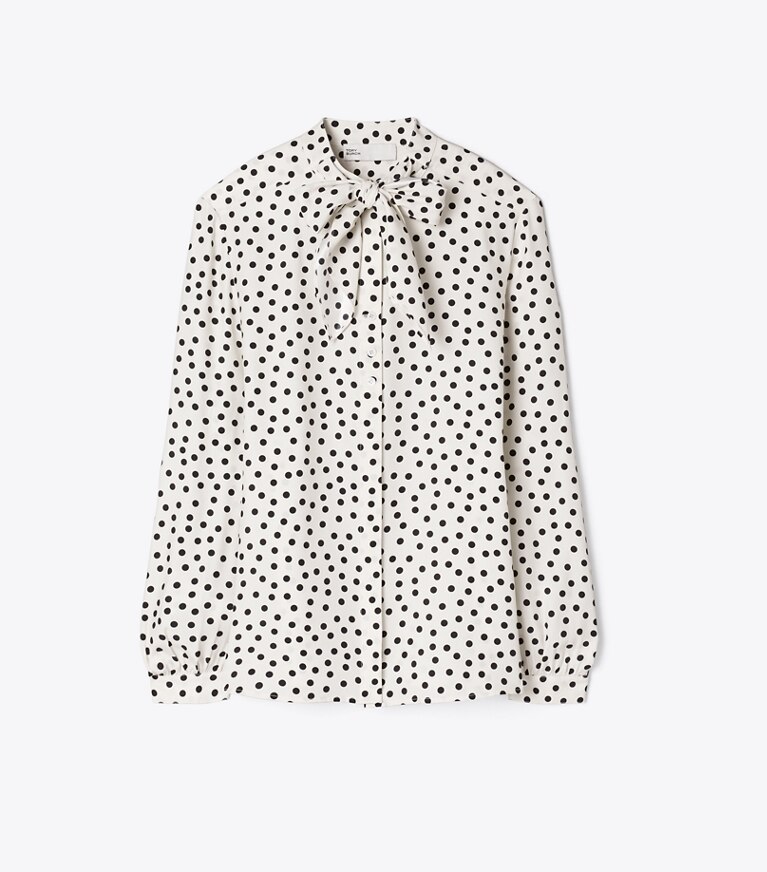 Tory Burch designer hauts Blouse imprimée à nœud en soie in Cream Dot front