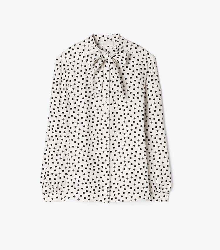 Tory Burch designer hauts Blouse lavallière en soie imprimée dans Cream Dot de face