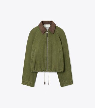 Tory Burch designer vestes Blouson aviateur en denim dans Distressed Green de face