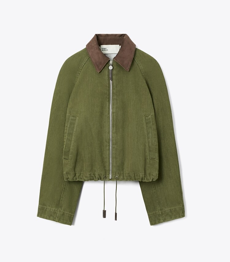 Tory Burch designer vestes Blouson aviateur en denim dans Distressed Green de face