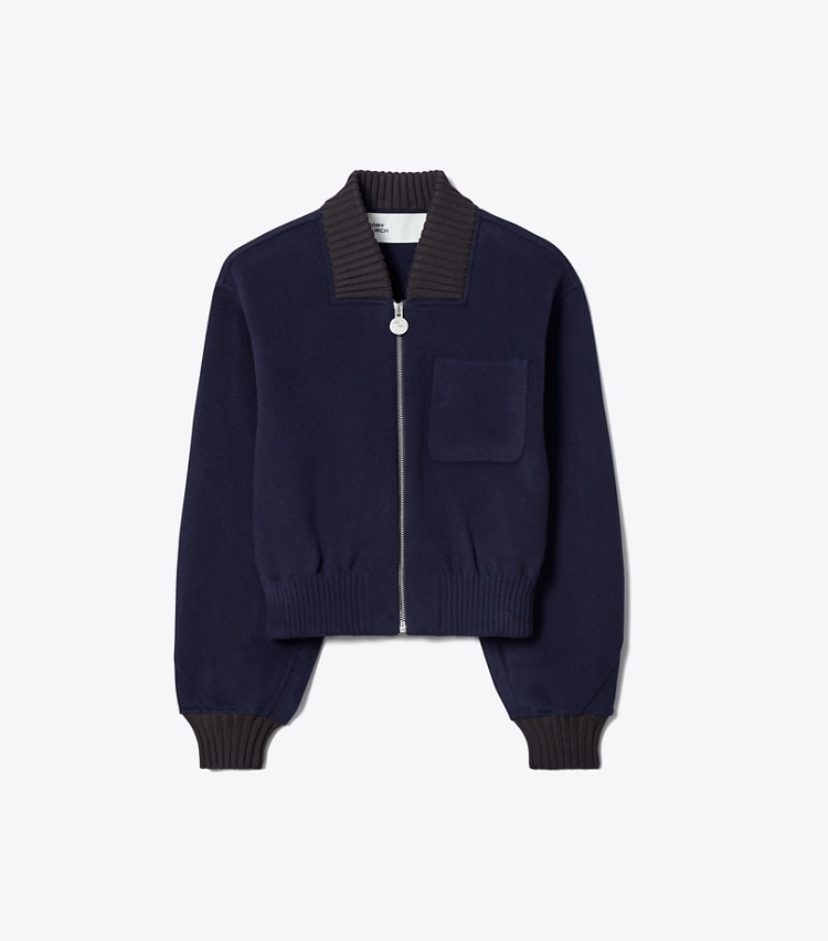 Tory Burch designer vestes Blouson aviateur en laine dans Medium Navy de face