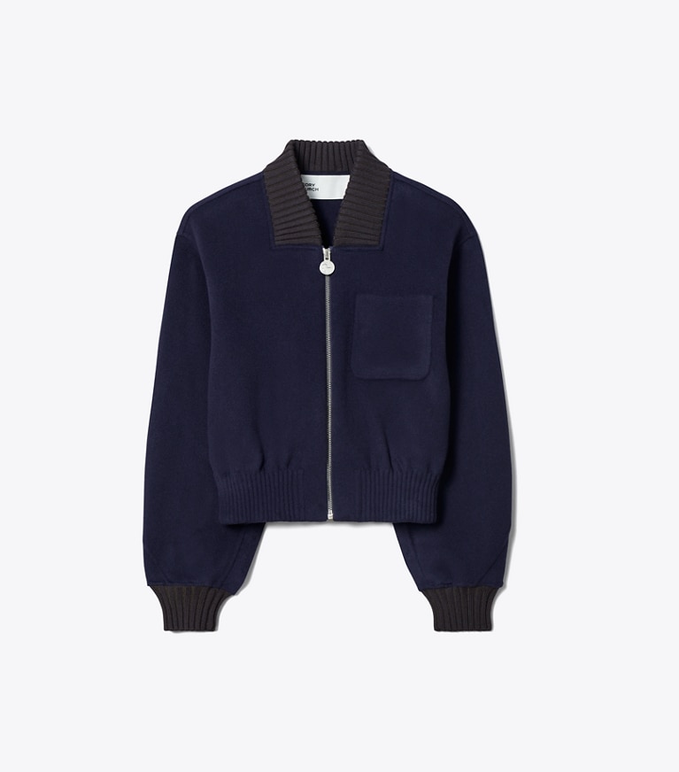 Tory Burch designer vestes Blouson aviateur en laine dans Medium Navy de face