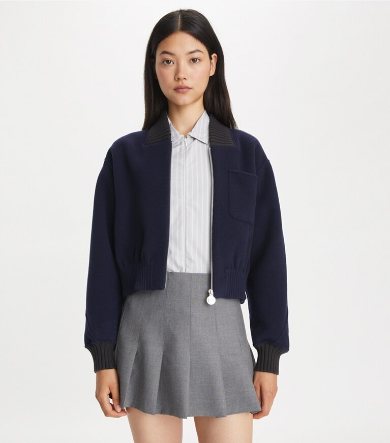 Tory Burch designer vestes Blouson aviateur en laine dans Medium Navy détail sur modèle